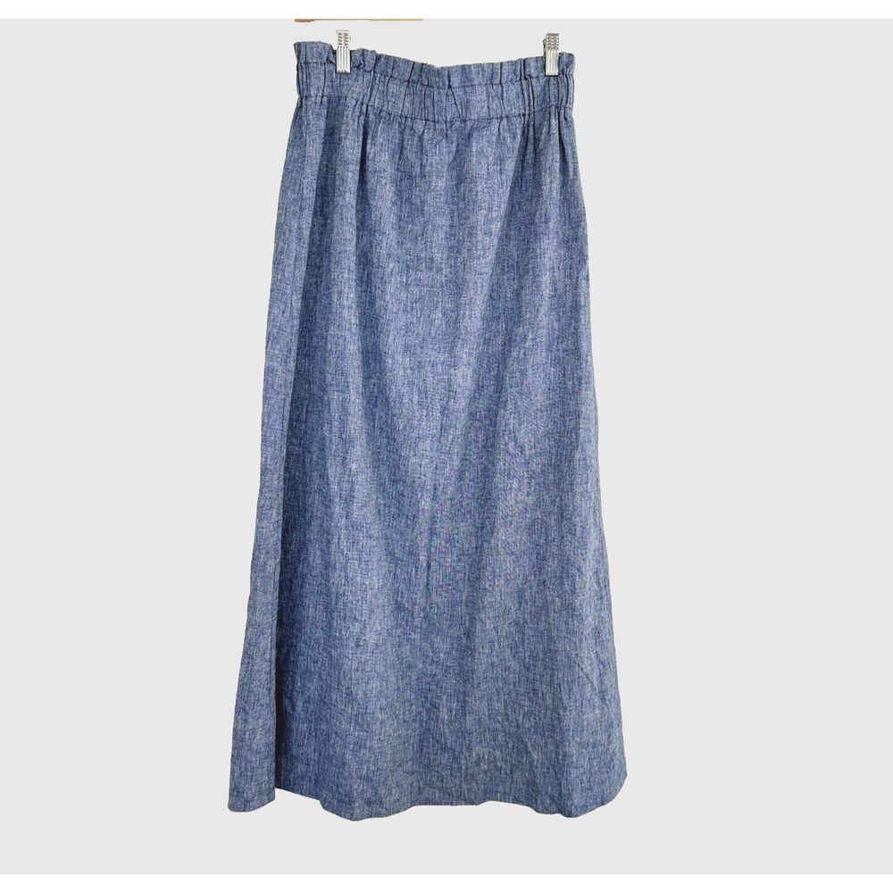 Express Skirt Size S Maxi Chambray Linen Skirt Blue Front Slit‎ Elastic Pull On - Picture 2 of 10